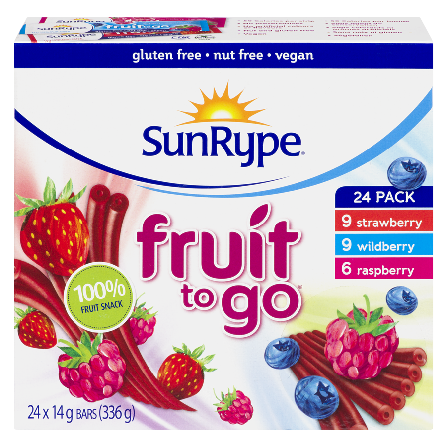 SunRype Fruit To Go Fruit Bars, Variety Pack, Strawberry Wildberry Raspberry, 24 Bars, 336g