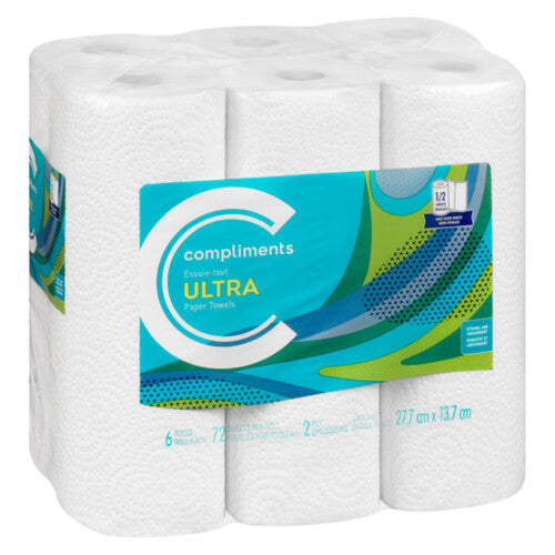 Compliments Ultra Paper Towels, 6 Rolls, 1/2 sheets, 72 per roll