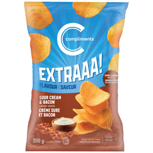 Compliments Extraaa Sour Cream & Bacon Ridged Potato Chips, 200g